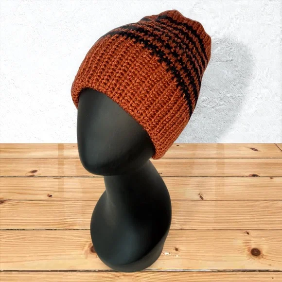 Handmade Knit Off-The-Yak Beanie Unisex Wool Yak Blend Deep Orange w/ Navy Blue - Picture 9 of 10